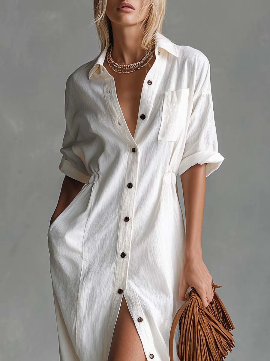 Retro Western Vacation Lapel Front Button White Cotton-Linen Shirt-Style Slits Maxi Dress sold by Oyrosy product image thumbnail 3