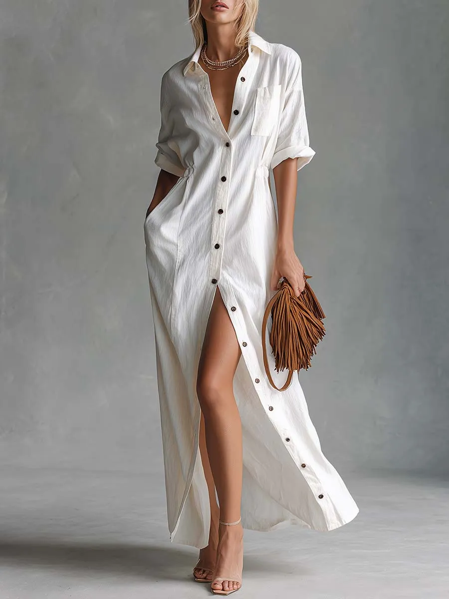 Retro Western Vacation Lapel Front Button White Cotton-Linen Shirt-Style Slits Maxi Dress sold by Oyrosy
