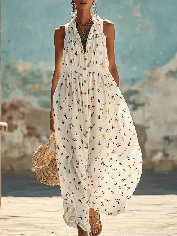 Urban Silhouette Colorful Floral Print White Lapel Chiffon Sleeveless Maxi Dress made by Oyrosy
