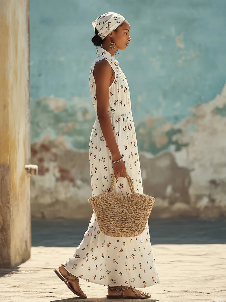 Urban Silhouette Colorful Floral Print White Lapel Chiffon Sleeveless Maxi Dress sold by Oyrosy product image thumbnail 2