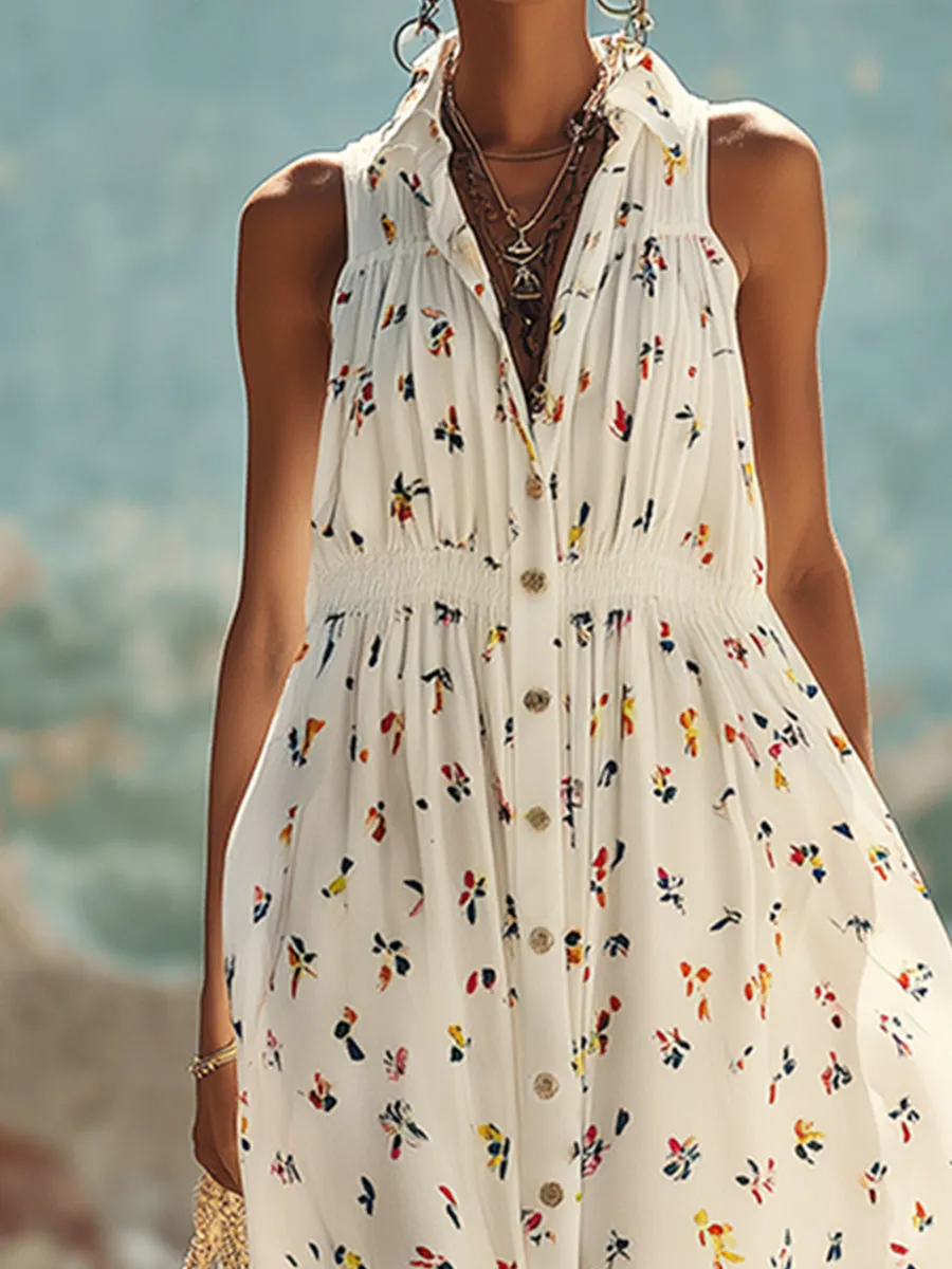 Urban Silhouette Colorful Floral Print White Lapel Chiffon Sleeveless Maxi Dress sold by Oyrosy product image thumbnail 4