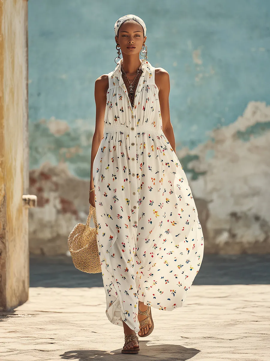 Urban Silhouette Colorful Floral Print White Lapel Chiffon Sleeveless Maxi Dress sold by Oyrosy product image thumbnail 3