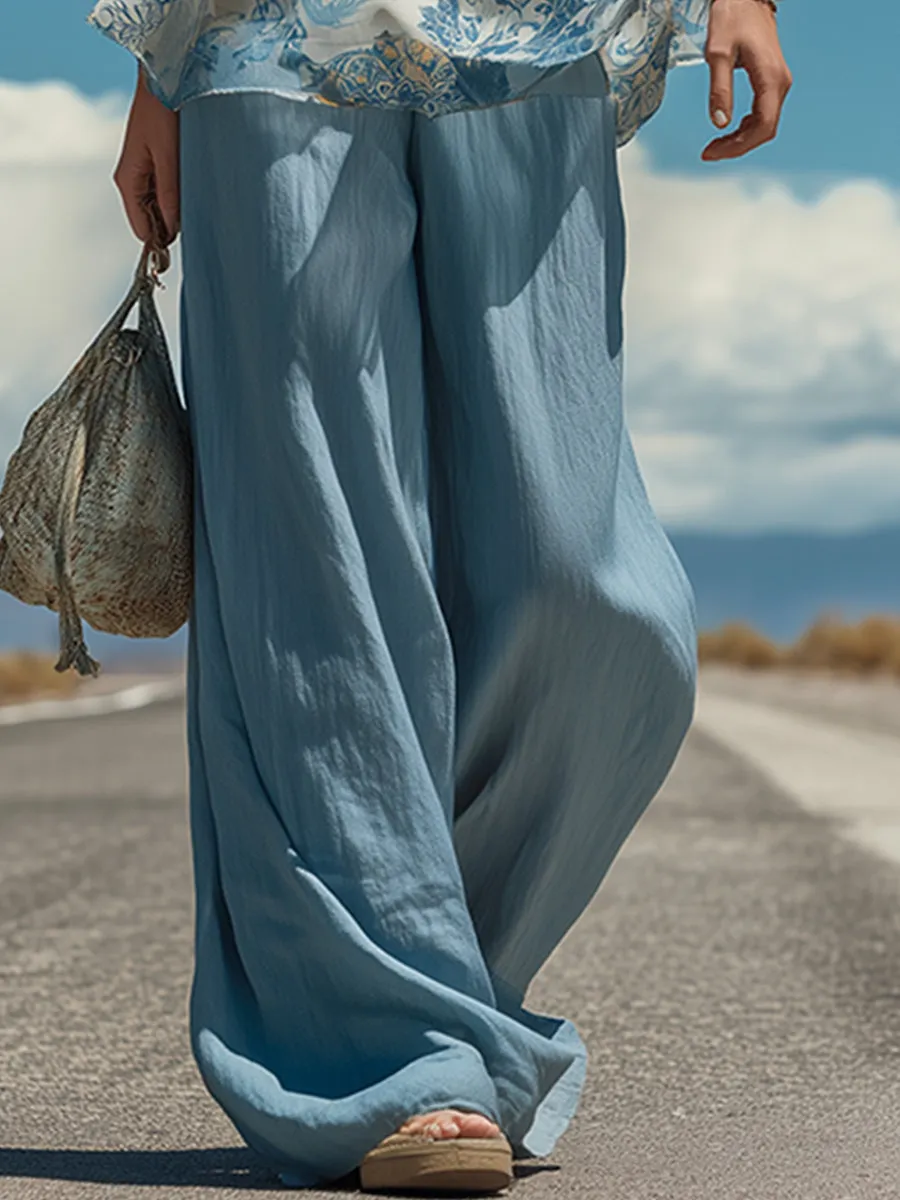 Romantic Bohemian White Chiffon Cutout-Collar Top & Cotton Wide-Leg Pants Set sold by Oyrosy product image thumbnail 4