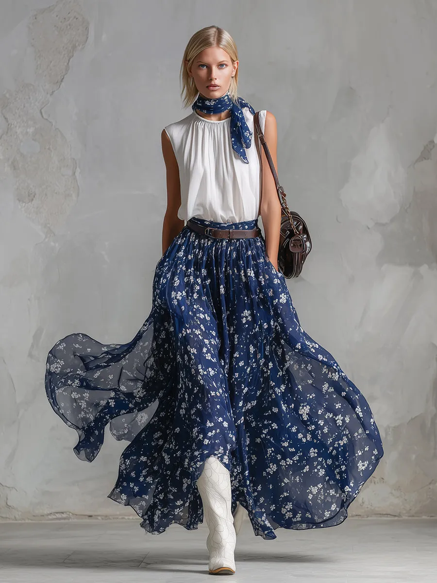 Classic White Sleeveless Top & Blue Floral Silk Scarf-Print Chiffon Skirt Set sold by Oyrosy product image thumbnail 4