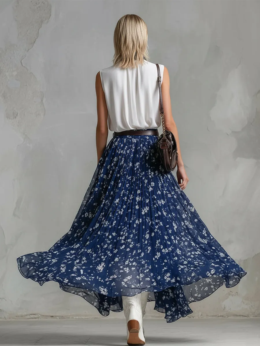 Classic White Sleeveless Top & Blue Floral Silk Scarf-Print Chiffon Skirt Set sold by Oyrosy product image thumbnail 3