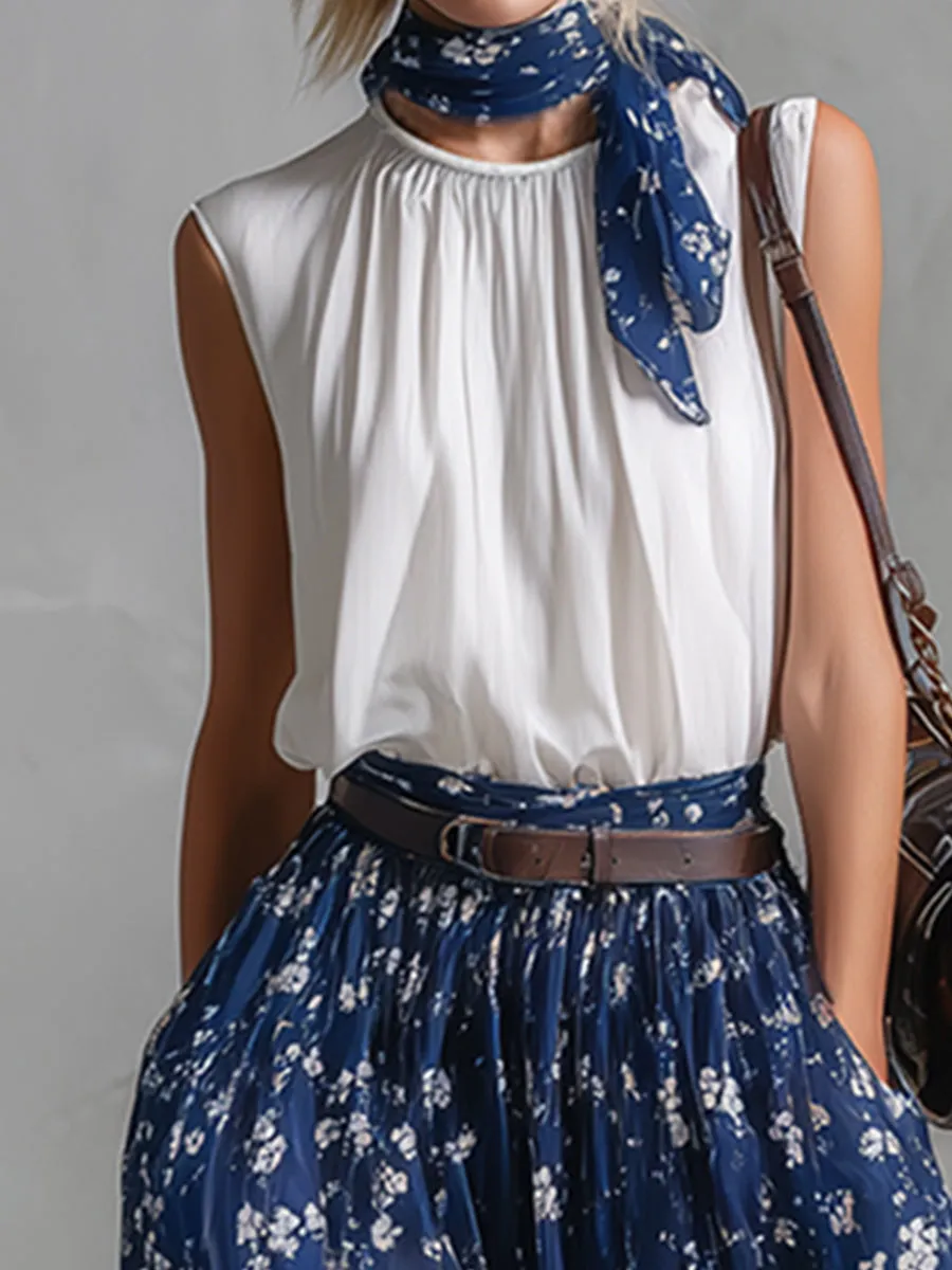 Classic White Sleeveless Top & Blue Floral Silk Scarf-Print Chiffon Skirt Set sold by Oyrosy product image thumbnail 5