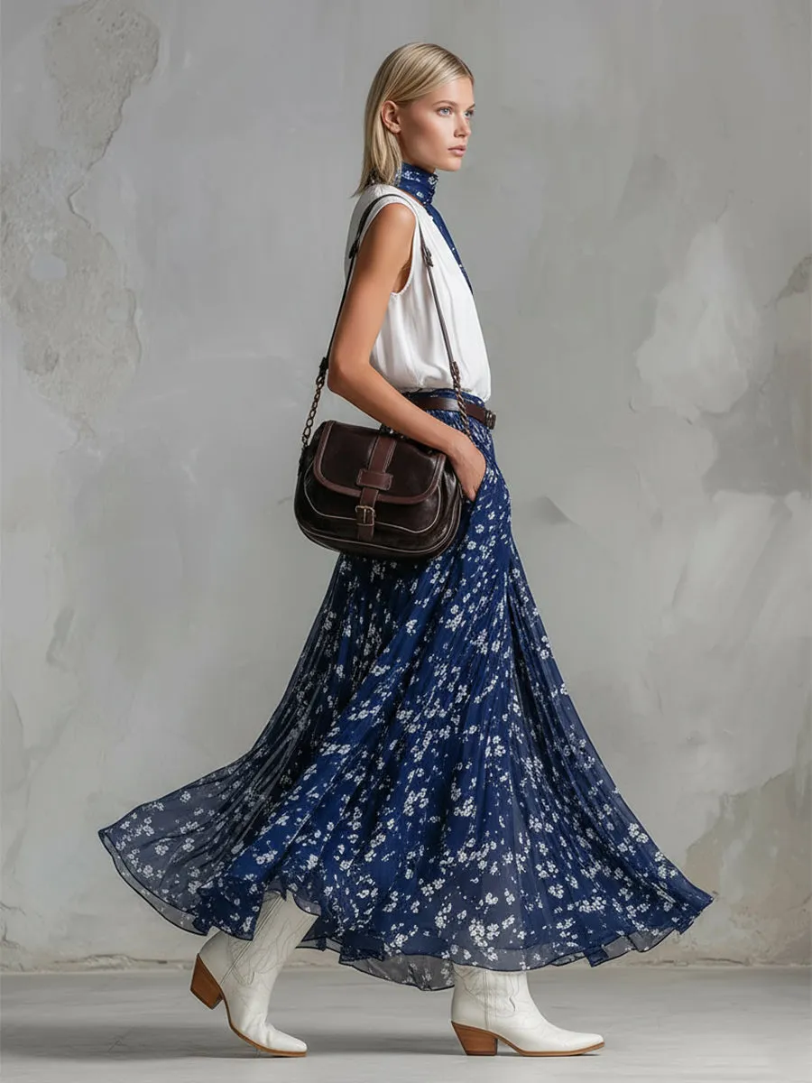 Classic White Sleeveless Top & Blue Floral Silk Scarf-Print Chiffon Skirt Set sold by Oyrosy product image thumbnail 2
