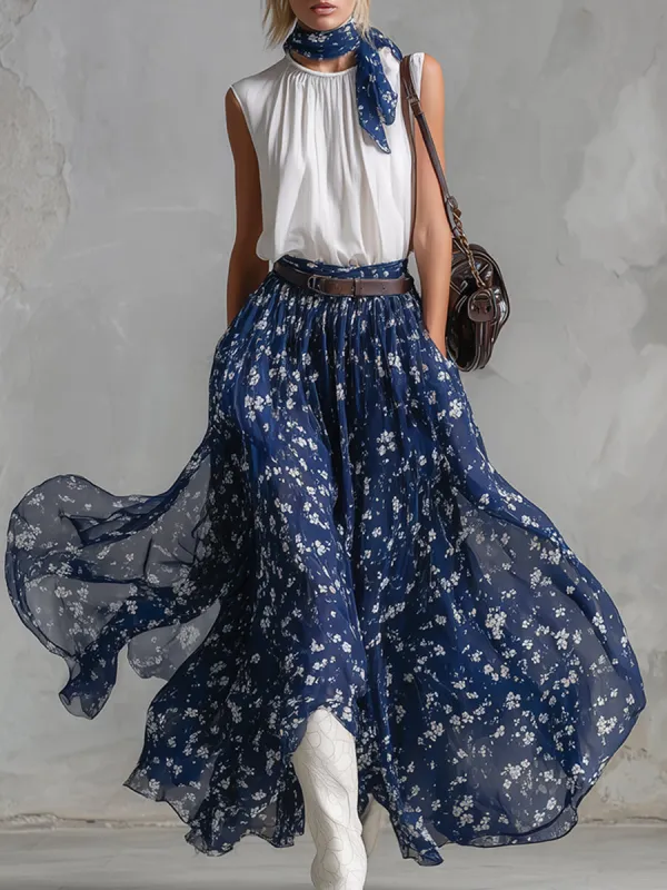 Classic White Sleeveless Top & Blue Floral Silk Scarf-Print Chiffon Skirt Set made by Oyrosy
