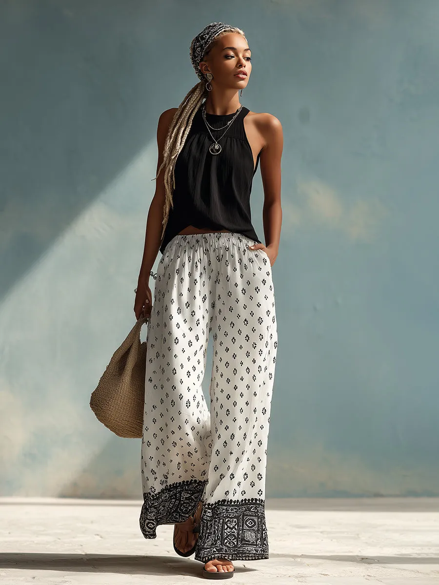 Chic Black Halter Top And White Ethnically-Printed Chiffon Wide-Leg Pants Set sold by Oyrosy product image thumbnail 2