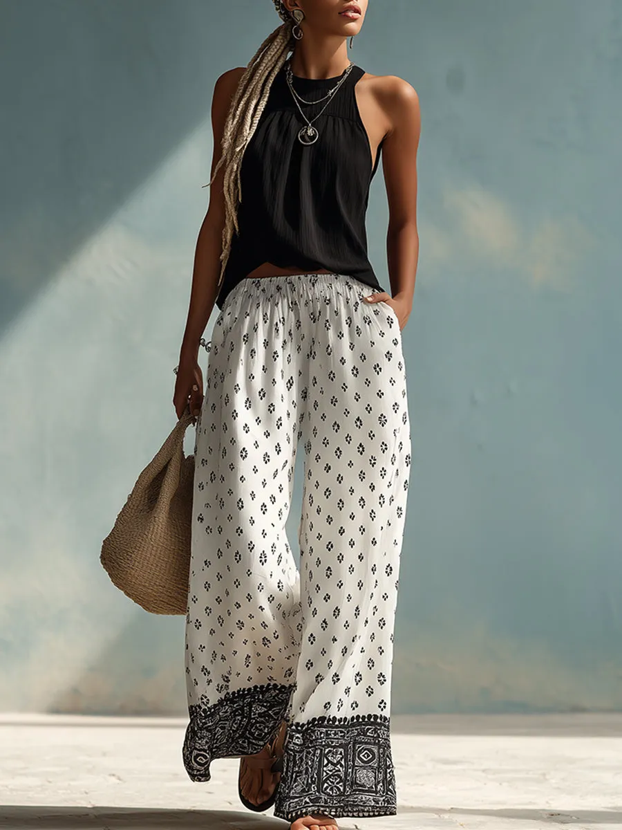 Chic Black Halter Top And White Ethnically-Printed Chiffon Wide-Leg Pants Set sold by Oyrosy