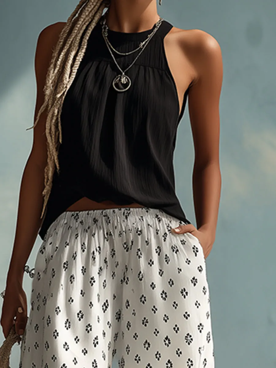 Chic Black Halter Top And White Ethnically-Printed Chiffon Wide-Leg Pants Set sold by Oyrosy product image thumbnail 3