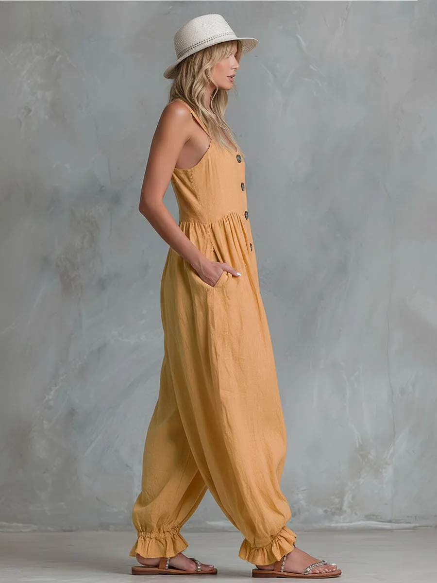 Loose-fitting Single-breasted Cotton-linen Sleeveless Jumpsuit sold by Oyrosy product image thumbnail 3