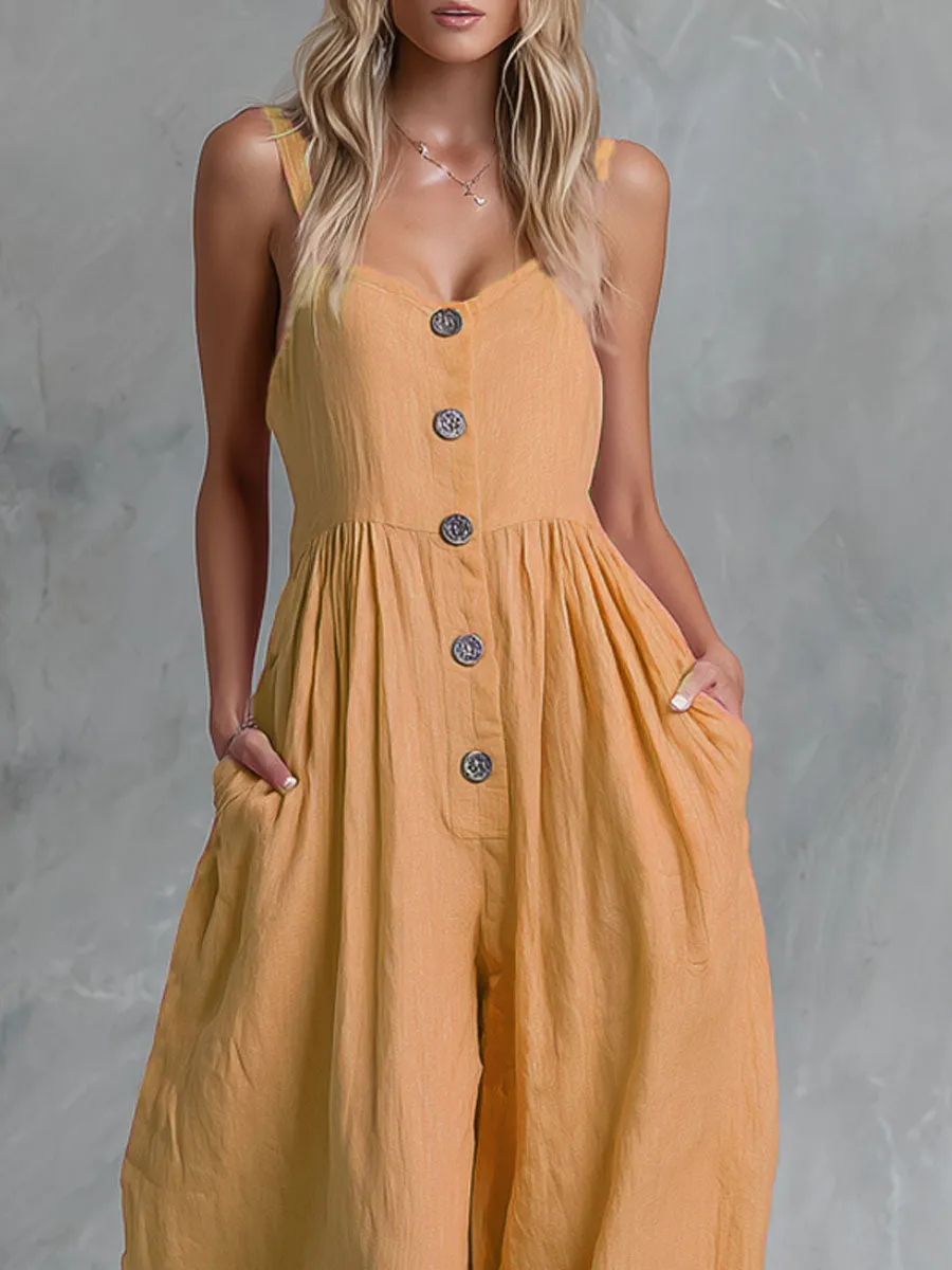Loose-fitting Single-breasted Cotton-linen Sleeveless Jumpsuit sold by Oyrosy product image thumbnail 4