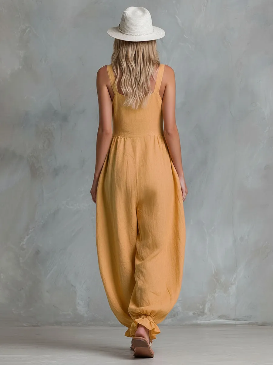 Loose-fitting Single-breasted Cotton-linen Sleeveless Jumpsuit sold by Oyrosy product image thumbnail 2