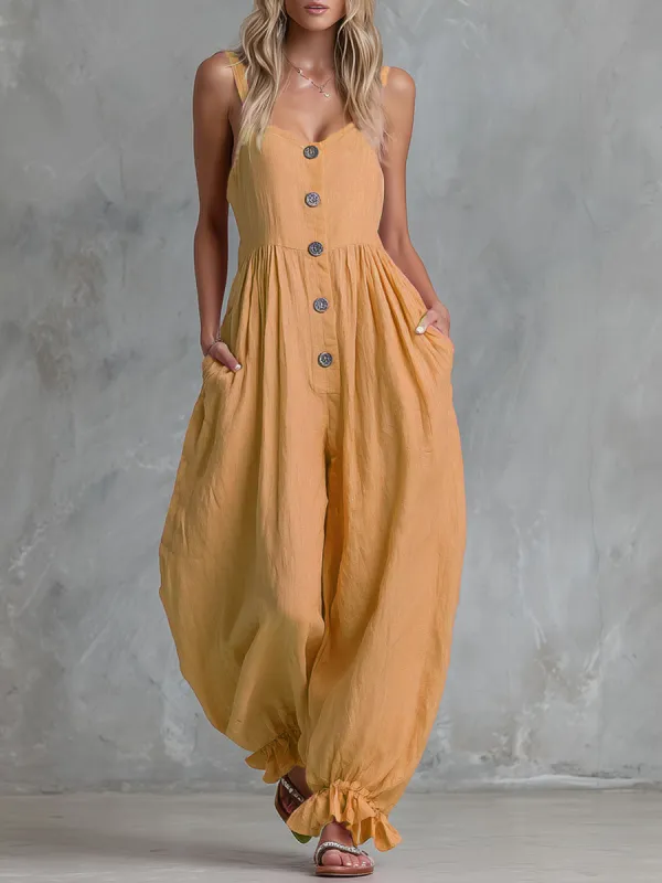 Loose-fitting Single-breasted Cotton-linen Sleeveless Jumpsuit made by Oyrosy