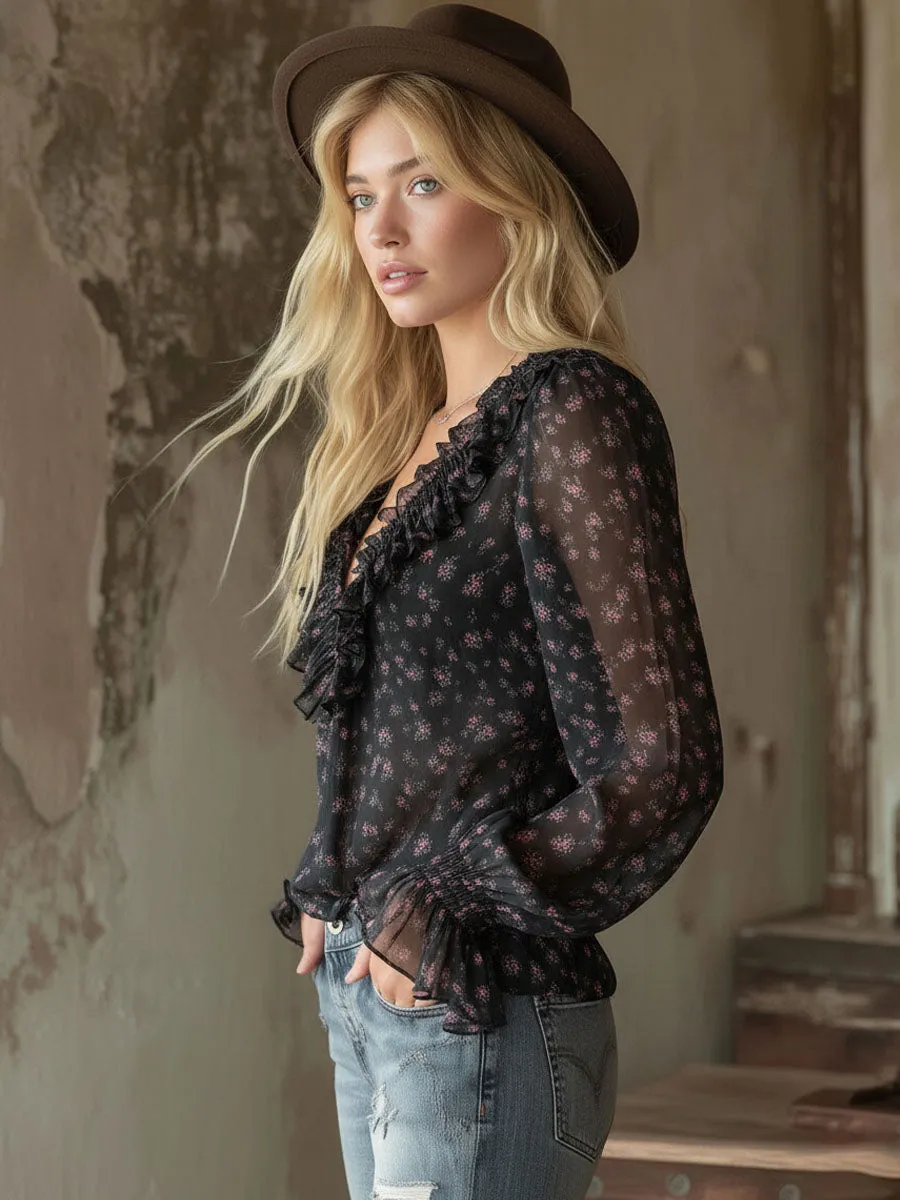 V-neck Ruffled Floral Chiffon Long-sleeved Shirt sold by Oyrosy product image thumbnail 2