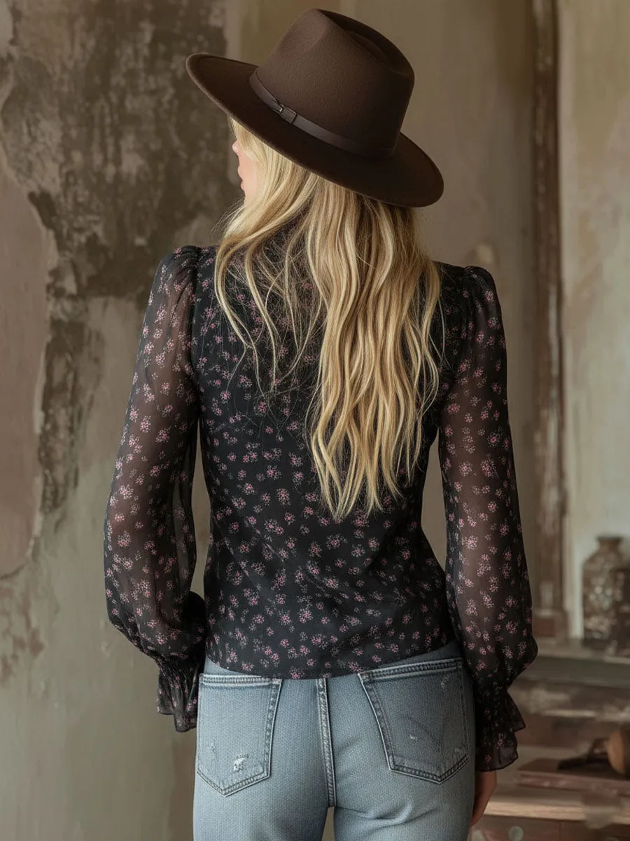 V-neck Ruffled Floral Chiffon Long-sleeved Shirt sold by Oyrosy product image thumbnail 3