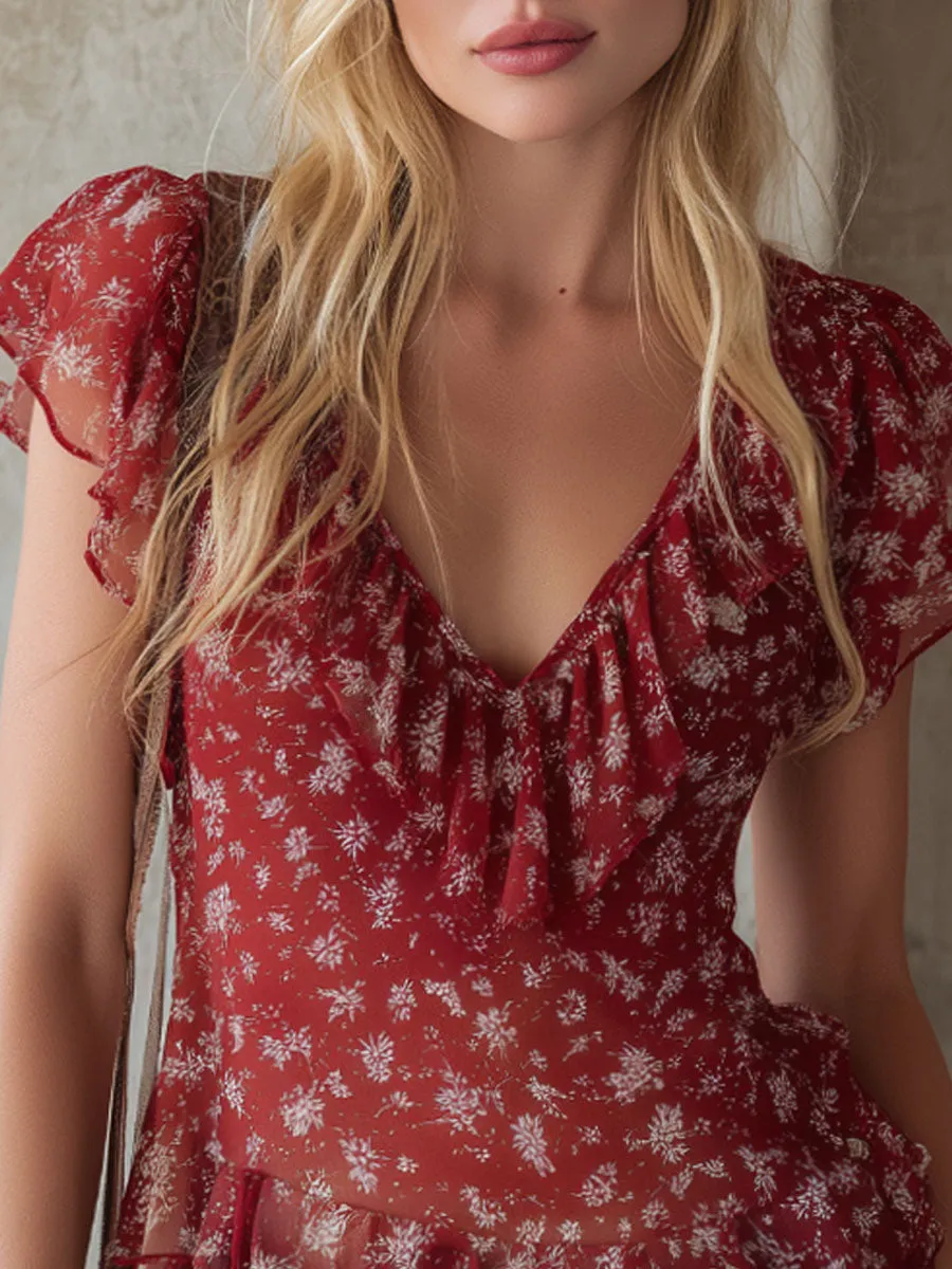 V-neck Ruffled Floral Chiffon Short-sleeved Shirt sold by Oyrosy product image thumbnail 5