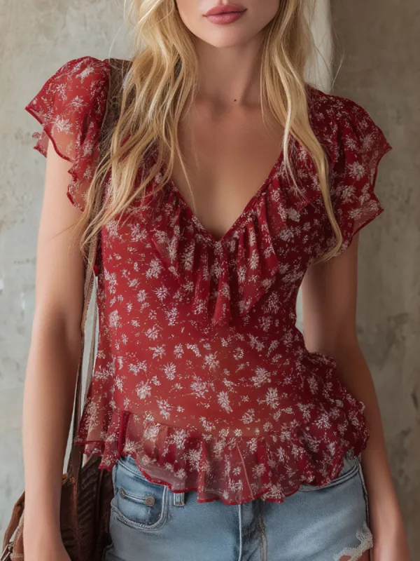 V-neck Ruffled Floral Chiffon Short-sleeved Shirt made by Oyrosy