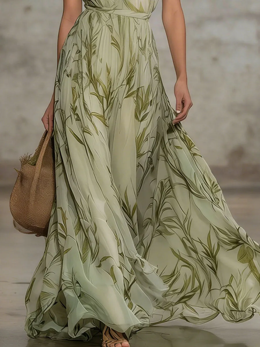 Elegant Leaf Print Halter Neck Chiffon Sleeveless Maxi Dress sold by Oyrosy product image thumbnail 5