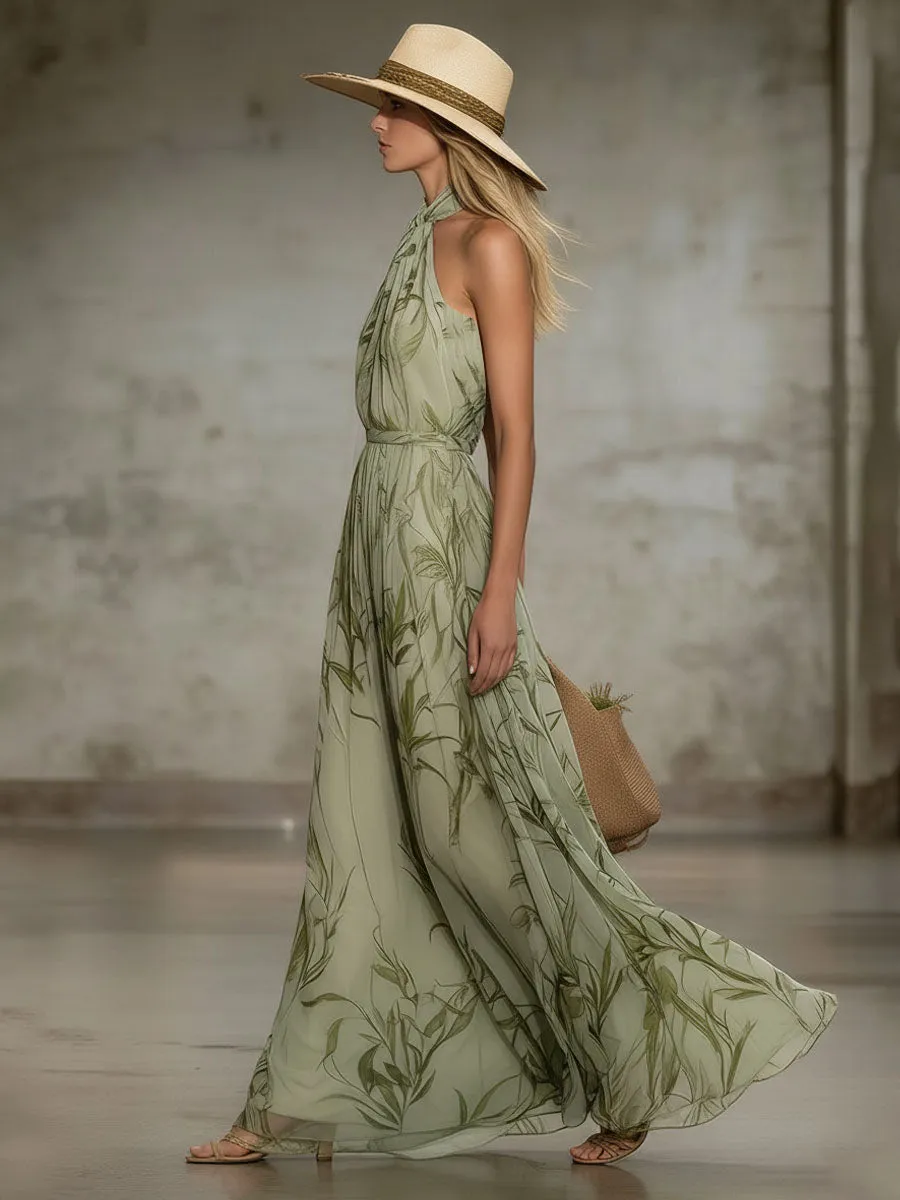 Elegant Leaf Print Halter Neck Chiffon Sleeveless Maxi Dress sold by Oyrosy product image thumbnail 2