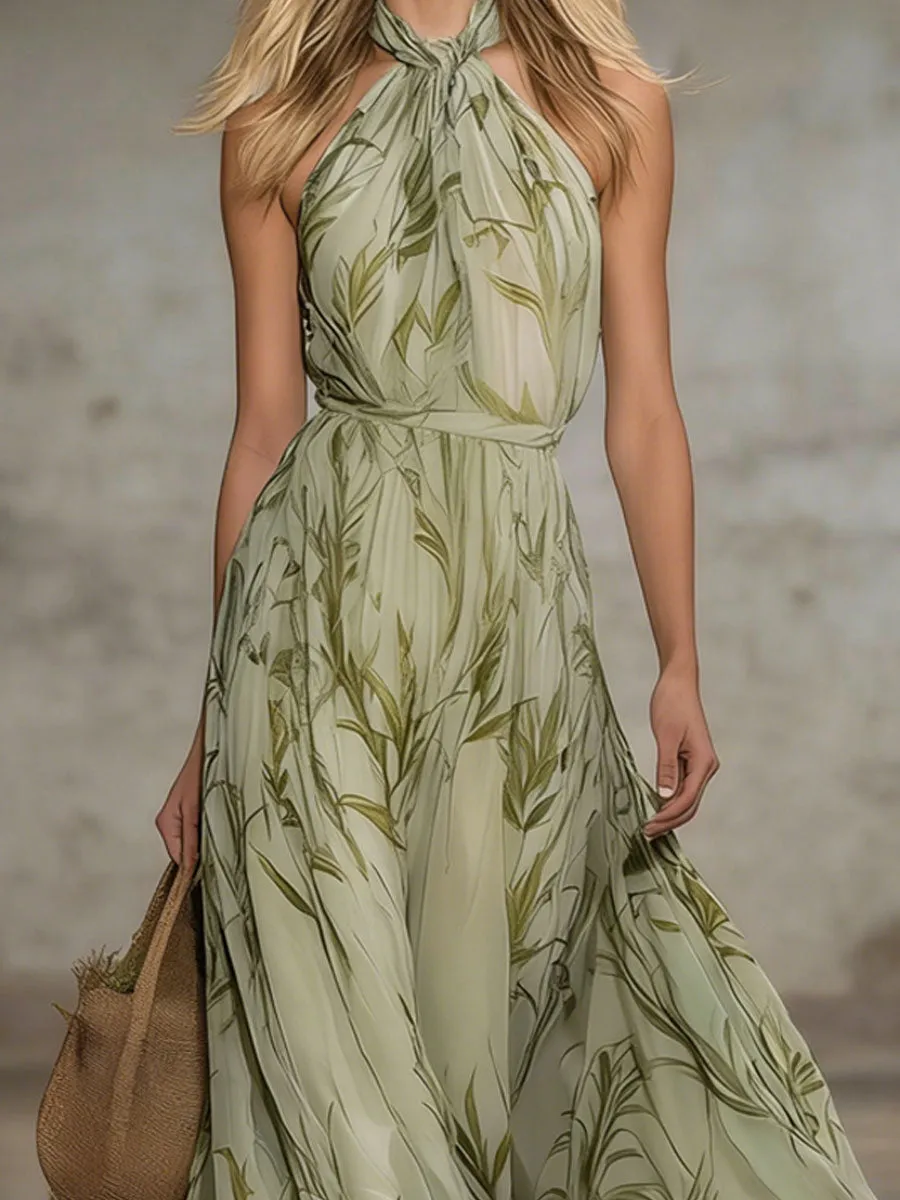 Elegant Leaf Print Halter Neck Chiffon Sleeveless Maxi Dress sold by Oyrosy product image thumbnail 4