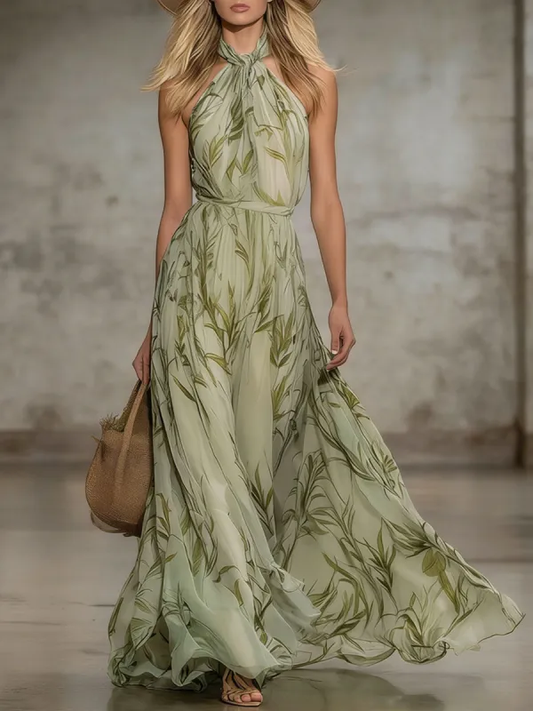 Elegant Leaf Print Halter Neck Chiffon Sleeveless Maxi Dress made by Oyrosy