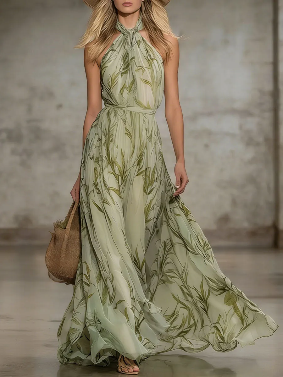 Elegant Leaf Print Halter Neck Chiffon Sleeveless Maxi Dress sold by Oyrosy