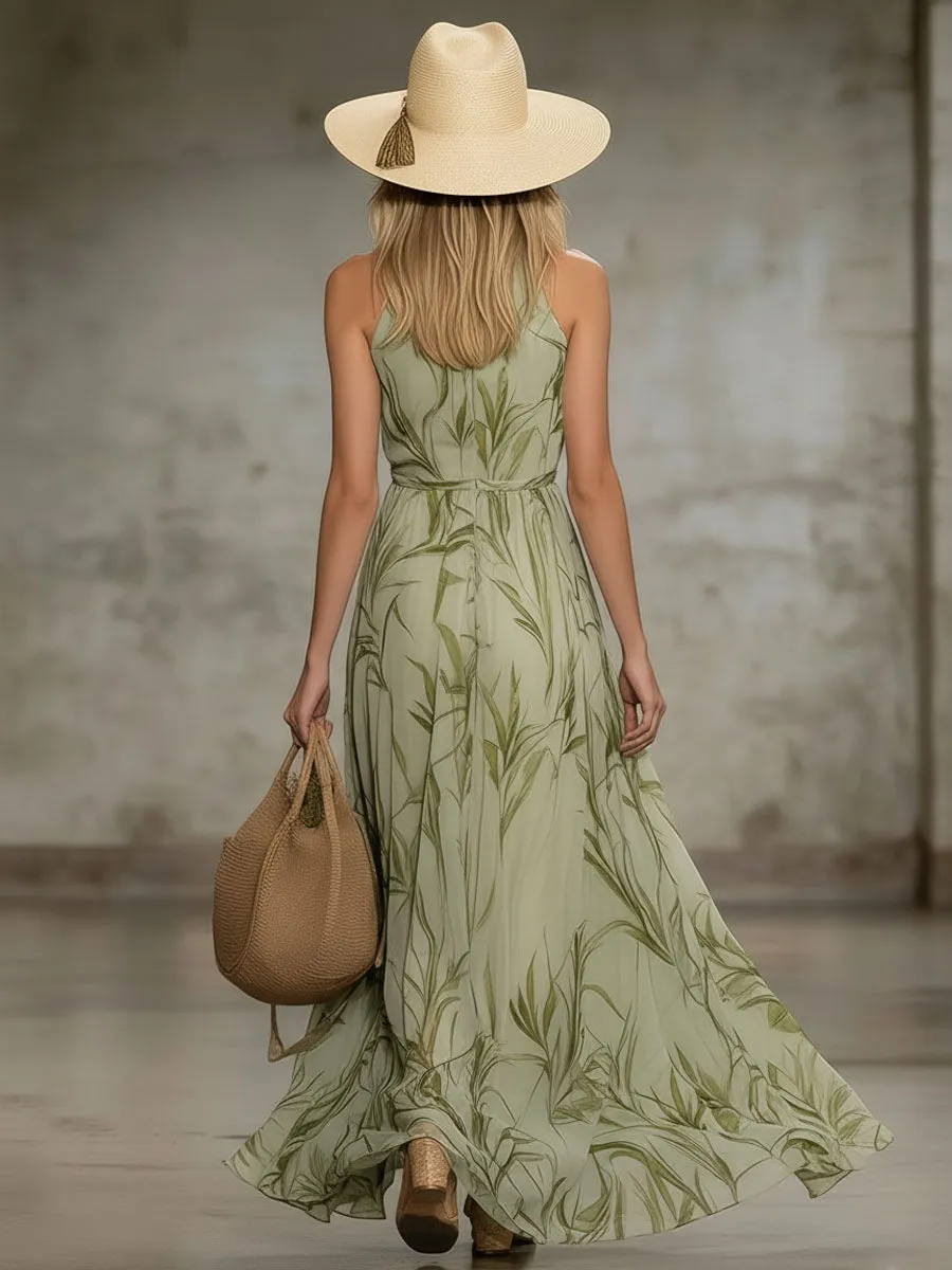 Elegant Leaf Print Halter Neck Chiffon Sleeveless Maxi Dress sold by Oyrosy product image thumbnail 3