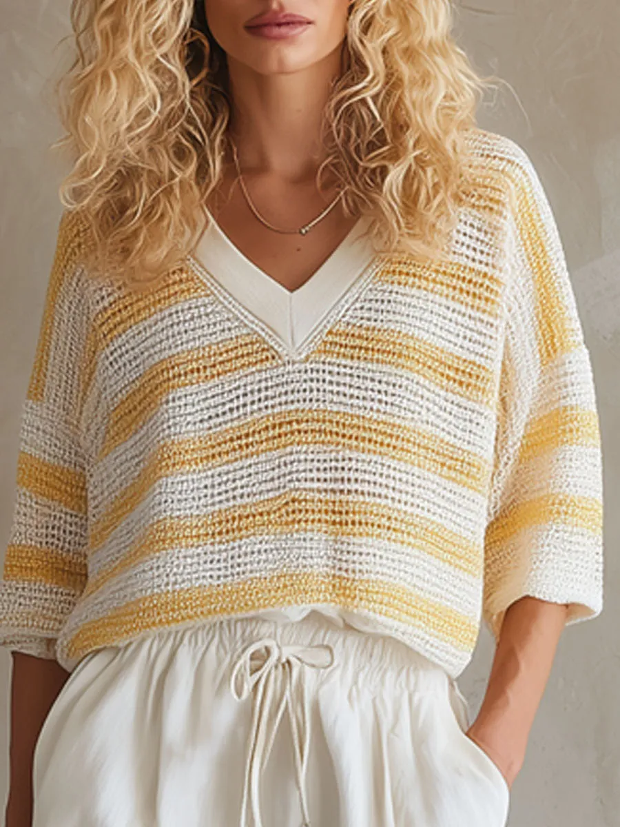 Casual Retro Mid-sleeve Striped Knit Top And White Cotton Shorts Set sold by Oyrosy product image thumbnail 5