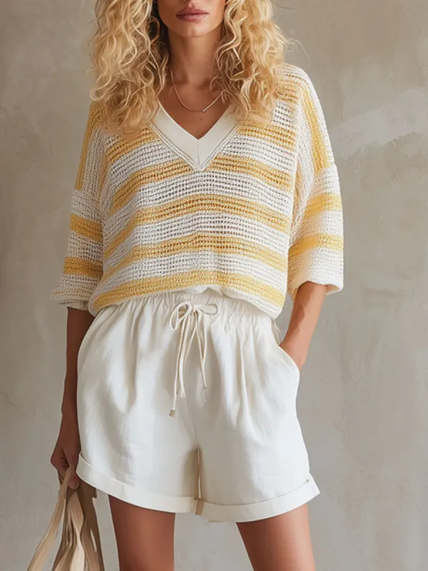 Casual Retro Mid-sleeve Striped Knit Top And White Cotton Shorts Set made by Oyrosy