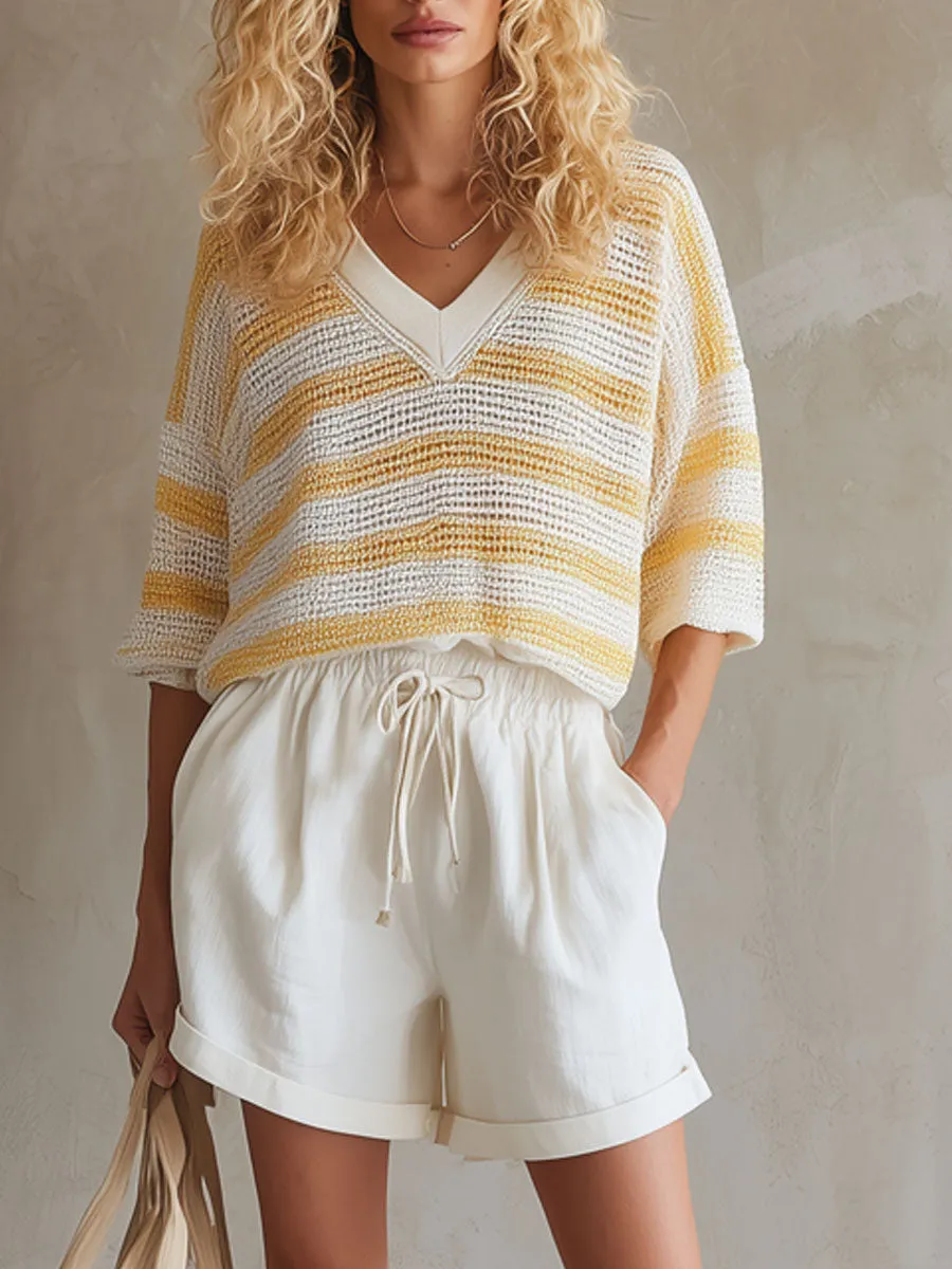 Casual Retro Mid-sleeve Striped Knit Top And White Cotton Shorts Set sold by Oyrosy