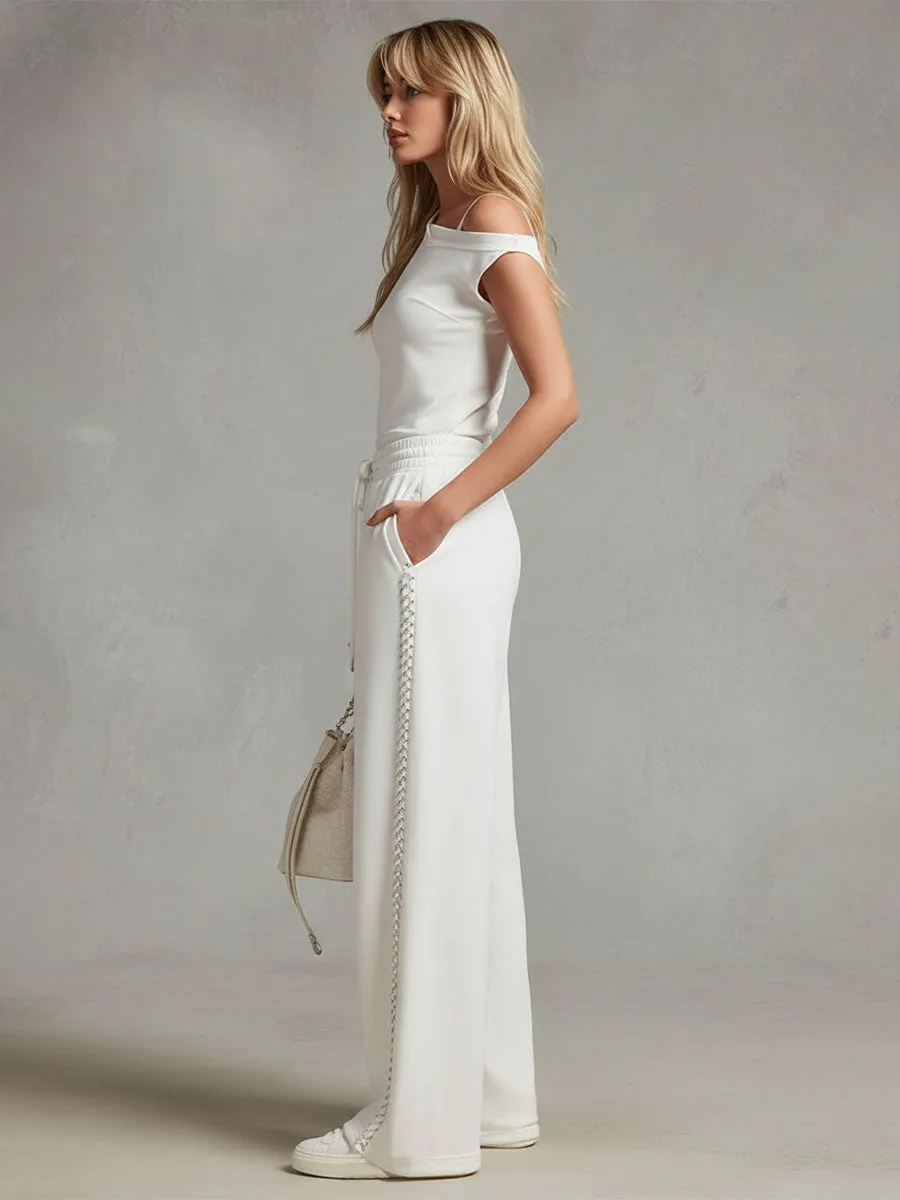 Stylish And Casual White One-shoulder Short-sleeved T-shirt And Pants Set sold by Oyrosy product image thumbnail 2