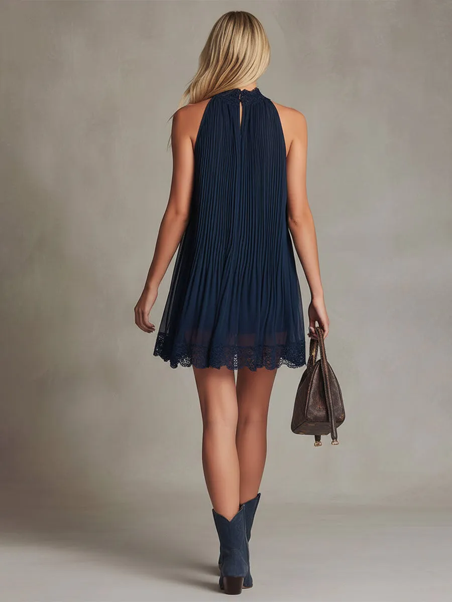 Fashionable Retro Lace-trimmed Blue Sleeveless Chiffon Mini Dress sold by Oyrosy product image thumbnail 4