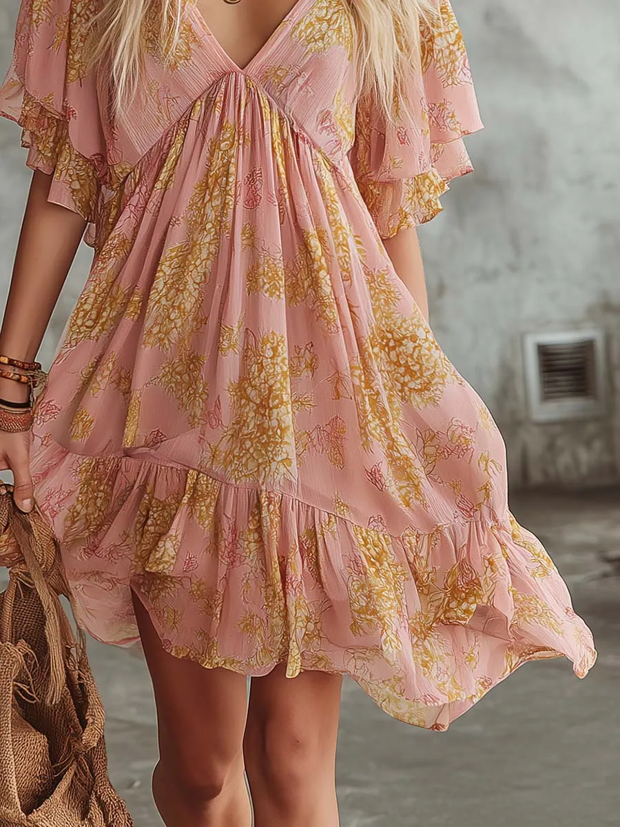 Retro Bohemian Vacation-Style Flowy V-Neck Floral-Print Pink Chiffon Mini Dress sold by Oyrosy product image thumbnail 4