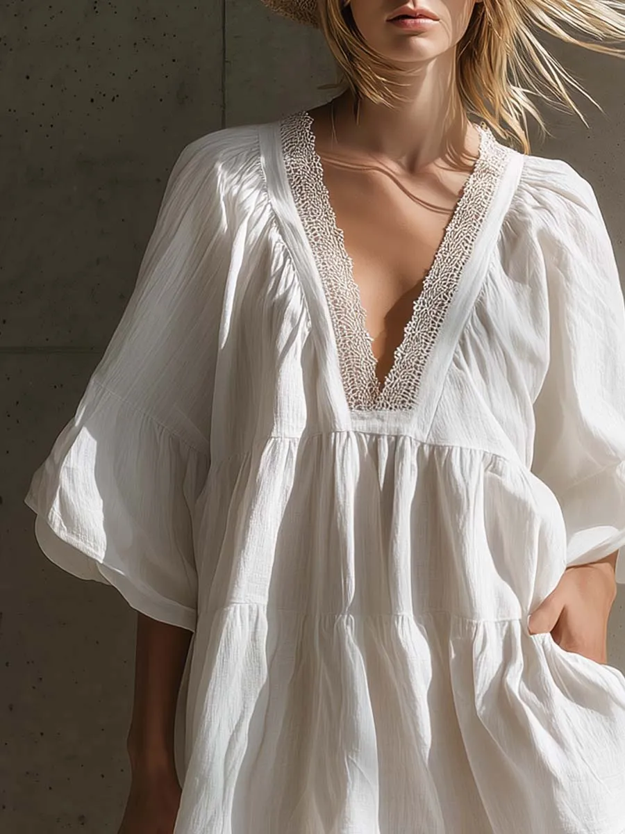 Elegant Bohemian Resort Lace V-Neck Bubble Hem White Cotton-Linen Mini Dress sold by Oyrosy product image thumbnail 3