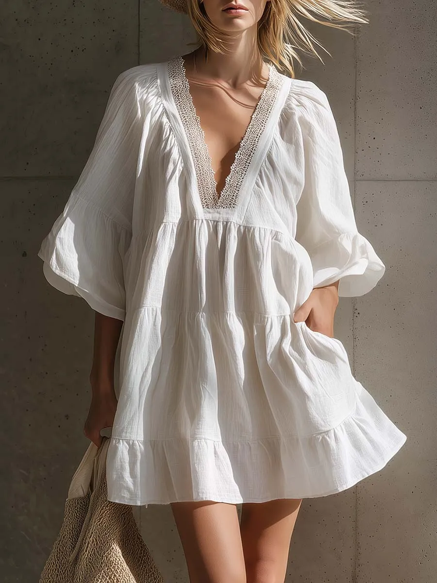 Elegant Bohemian Resort Lace V-Neck Bubble Hem White Cotton-Linen Mini Dress sold by Oyrosy