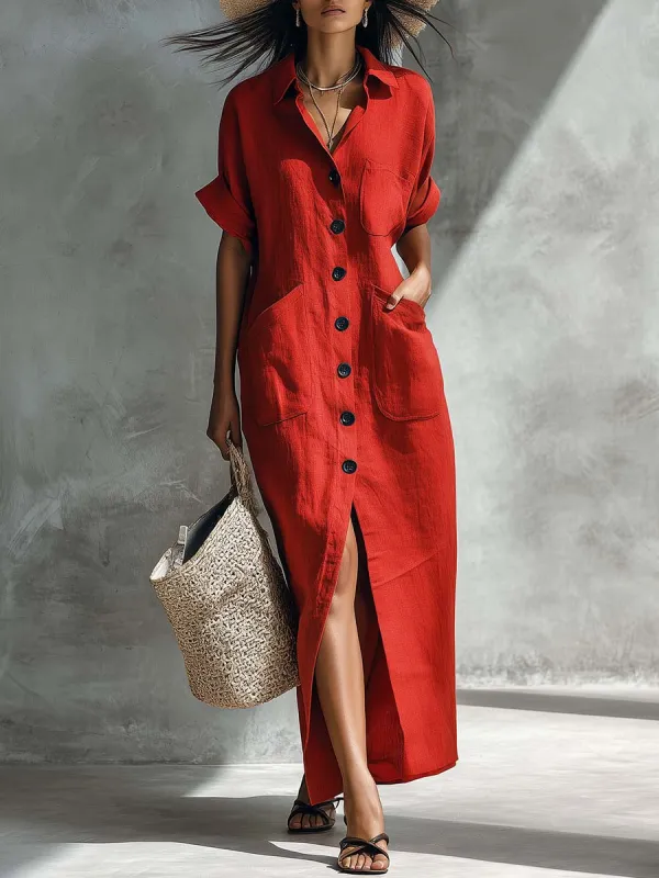 Retro-Casual Vacation Collared Front-Buttoned Red Cotton-Linen Maxi Dress made by Oyrosy