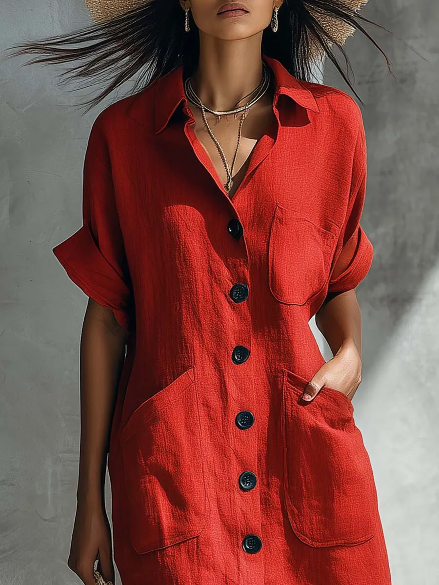 Retro-Casual Vacation Collared Front-Buttoned Red Cotton-Linen Maxi Dress sold by Oyrosy product image thumbnail 3