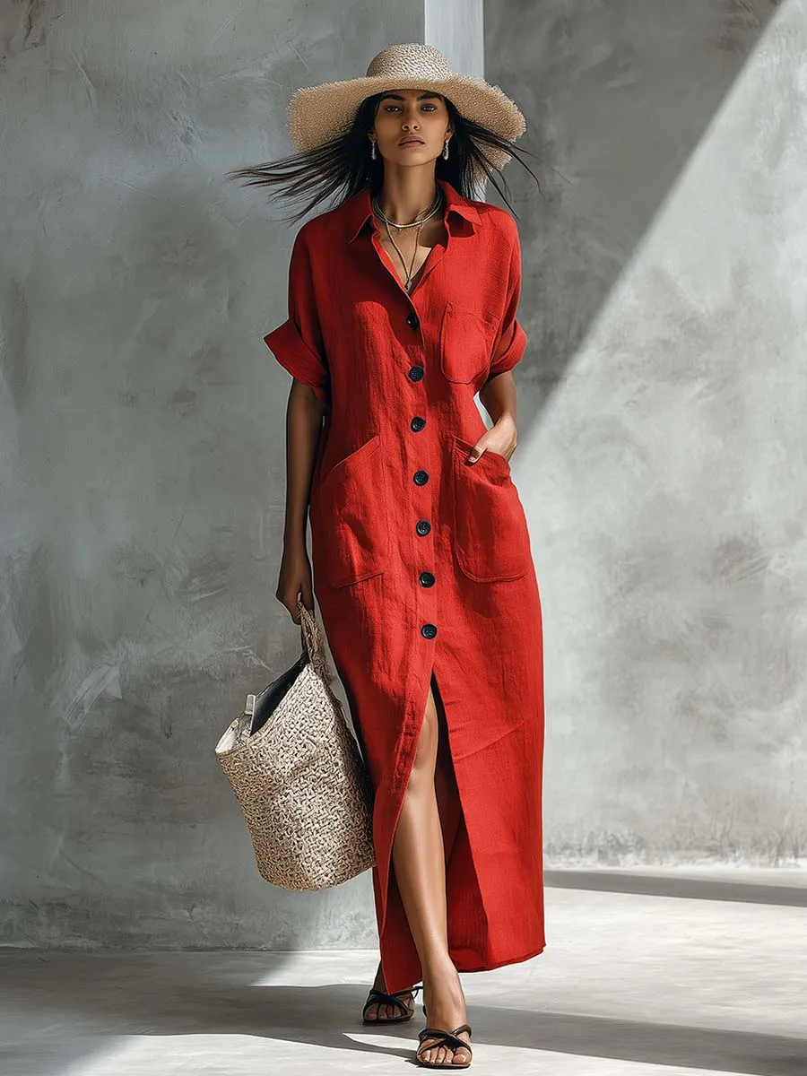 Retro-Casual Vacation Collared Front-Buttoned Red Cotton-Linen Maxi Dress sold by Oyrosy product image thumbnail 2