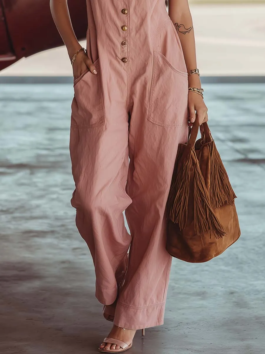 Retro Western-Style Vacation Lotus-colored Cotton Jumpsuit With V-Neck And Front Buttons sold by Oyrosy product image thumbnail 4
