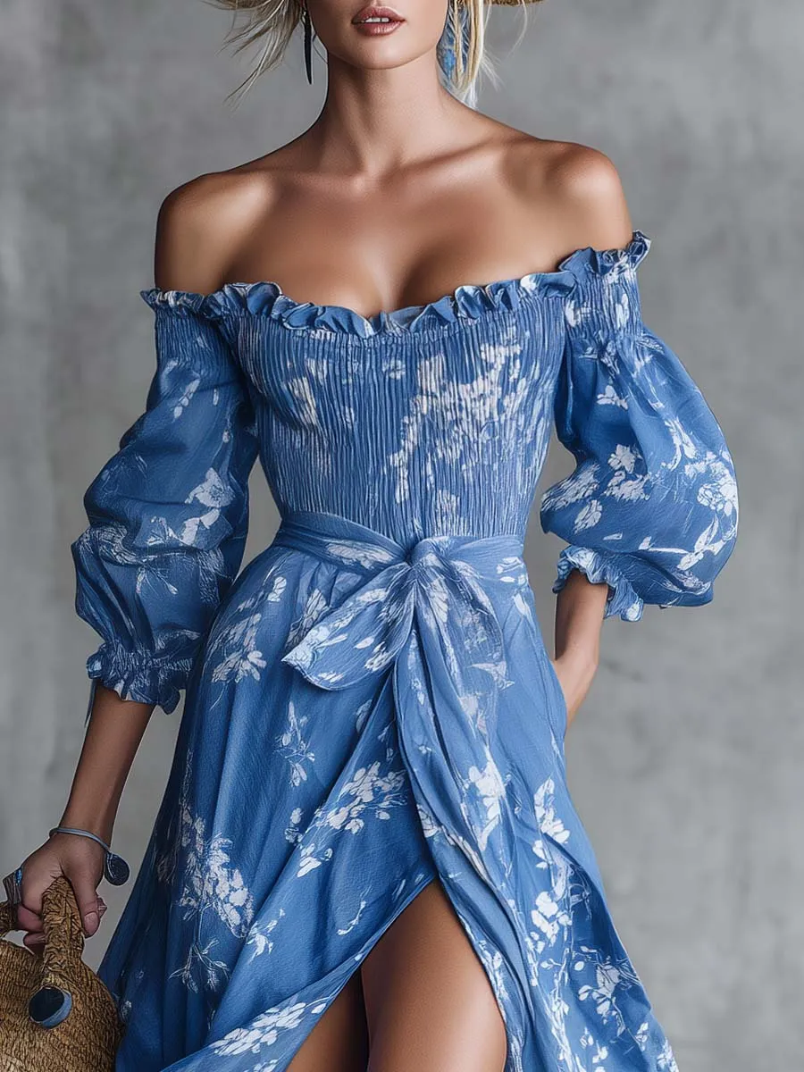 Retro Bohemian Vacation-Style Flowy Off-Shoulder Slit Printed Blue Chiffon Maxi Dress sold by Oyrosy product image thumbnail 3