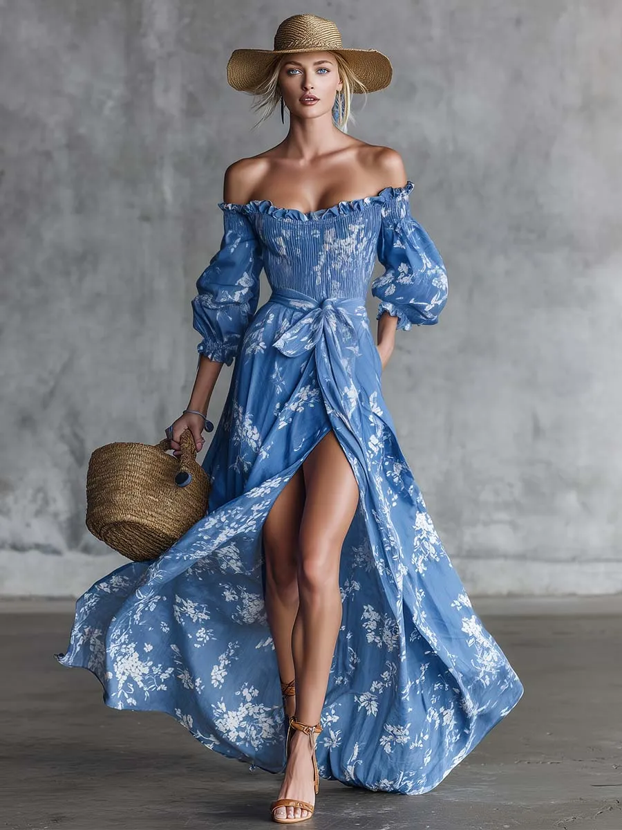 Retro Bohemian Vacation-Style Flowy Off-Shoulder Slit Printed Blue Chiffon Maxi Dress sold by Oyrosy product image thumbnail 2