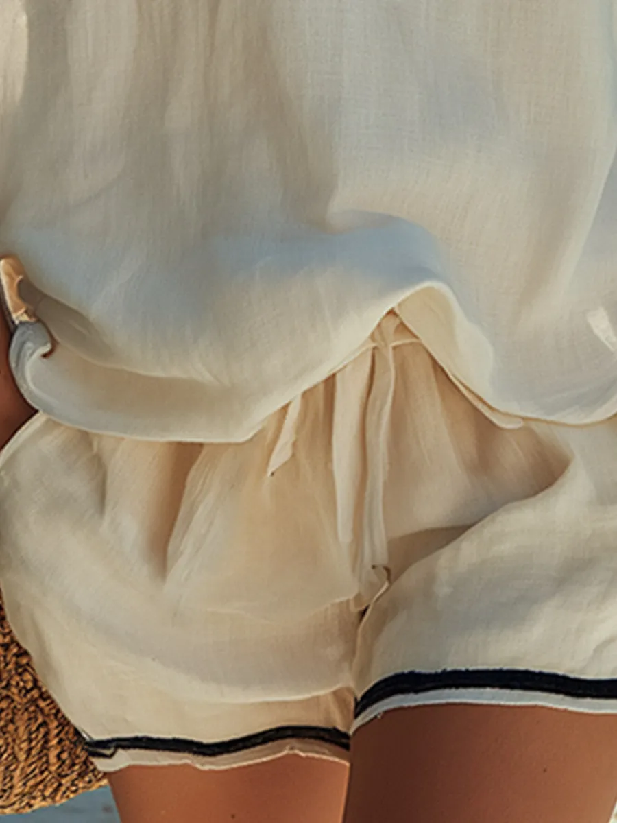 Casual Contrast-Trimmed Ecru Cotton-Linen Vest And Shorts Set sold by Oyrosy product image thumbnail 4