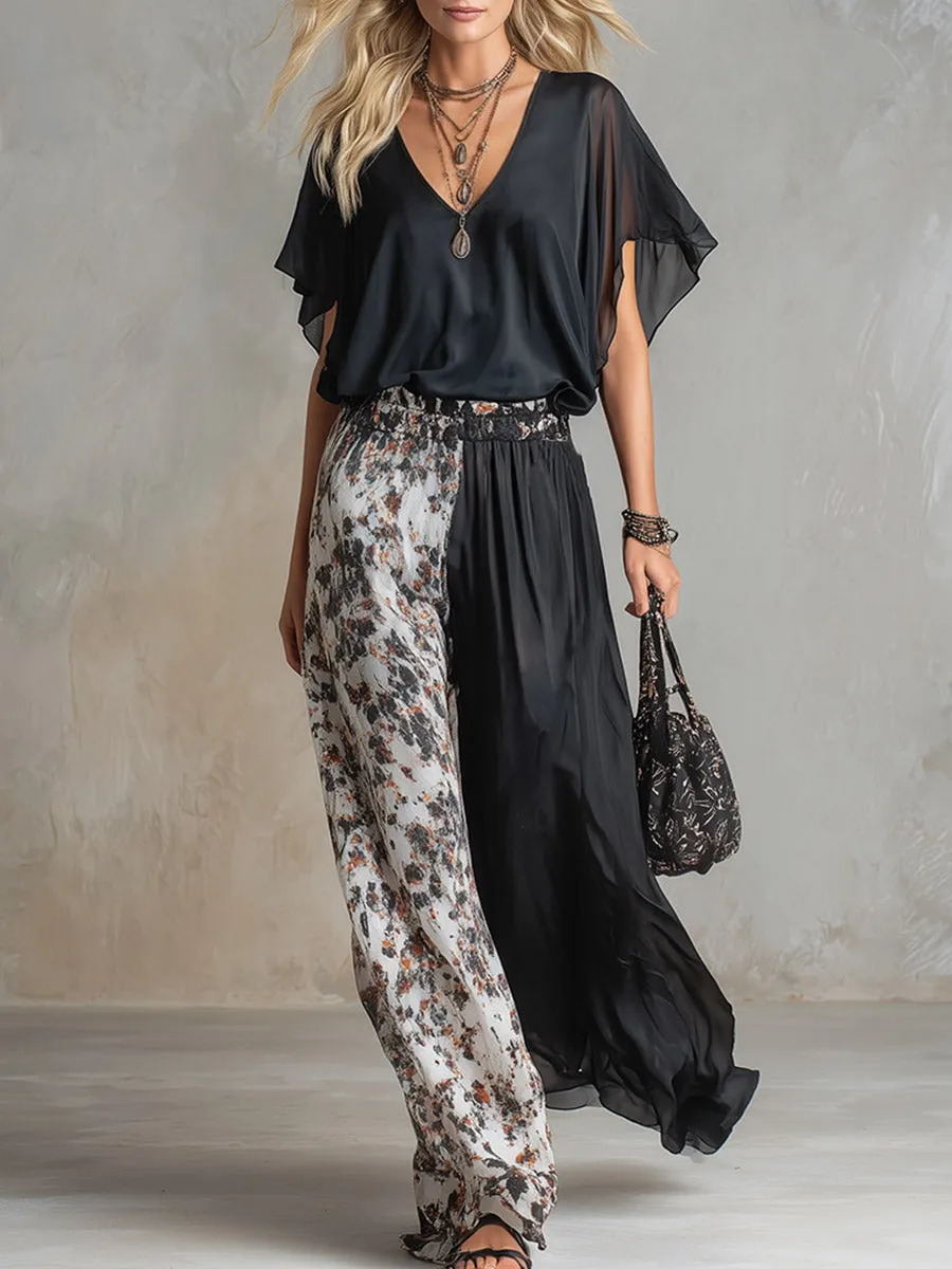 Chic Urban Black Chiffon T-Shirt & Contrast-Print Wide-Leg Pants Set sold by Oyrosy