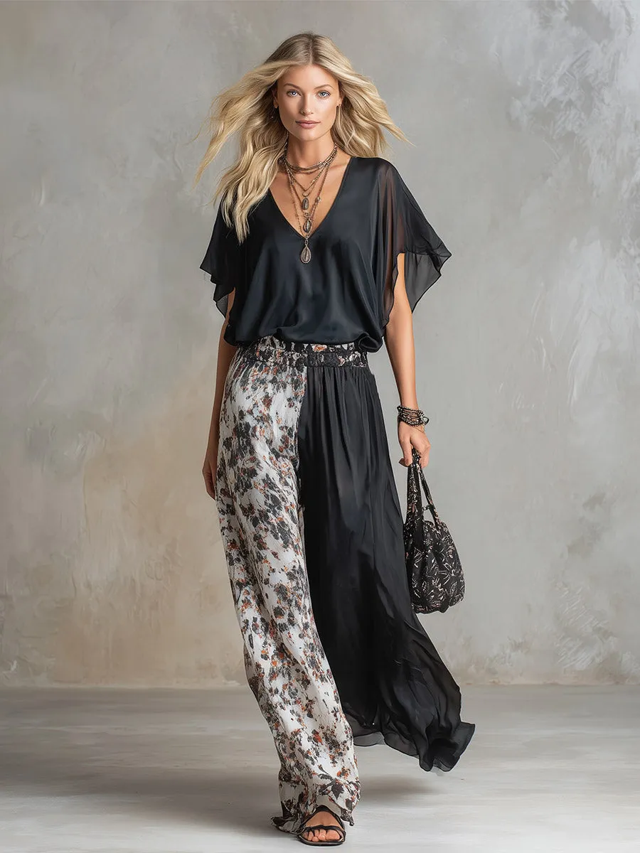 Chic Urban Black Chiffon T-Shirt & Contrast-Print Wide-Leg Pants Set sold by Oyrosy product image thumbnail 2