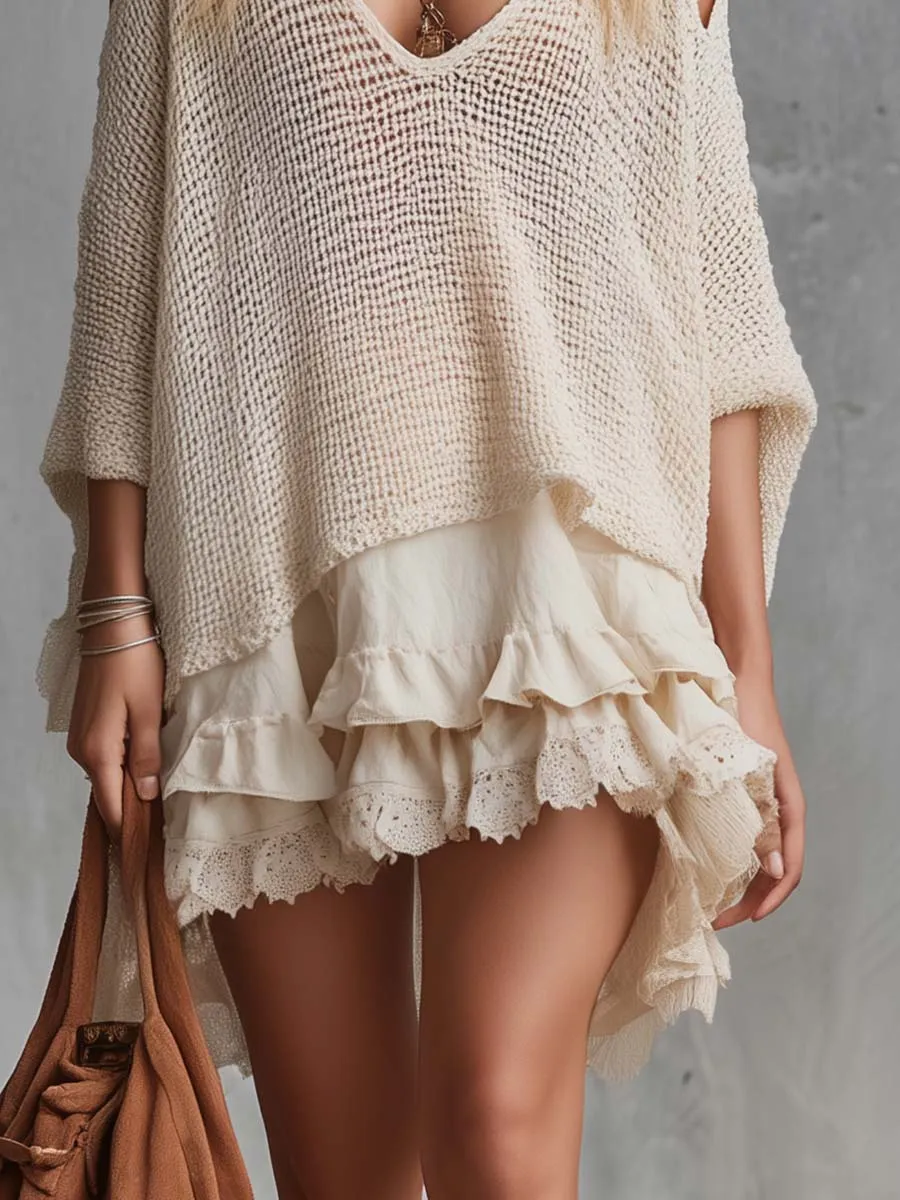 Western Retro Cream V-Neck Off-Shoulder Cutout Knit Top And Ruffled Cotton Skirt Set sold by Oyrosy product image thumbnail 4