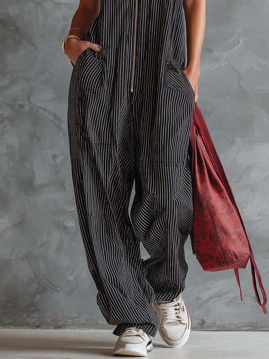 Casual Retro Sporty Collared Front-Zip Black And White Striped Jumpsuit sold by Oyrosy product image thumbnail 4