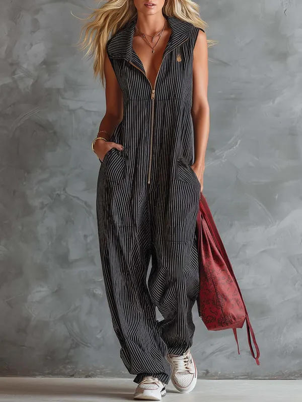 Casual Retro Sporty Collared Front-Zip Black And White Striped Jumpsuit made by Oyrosy