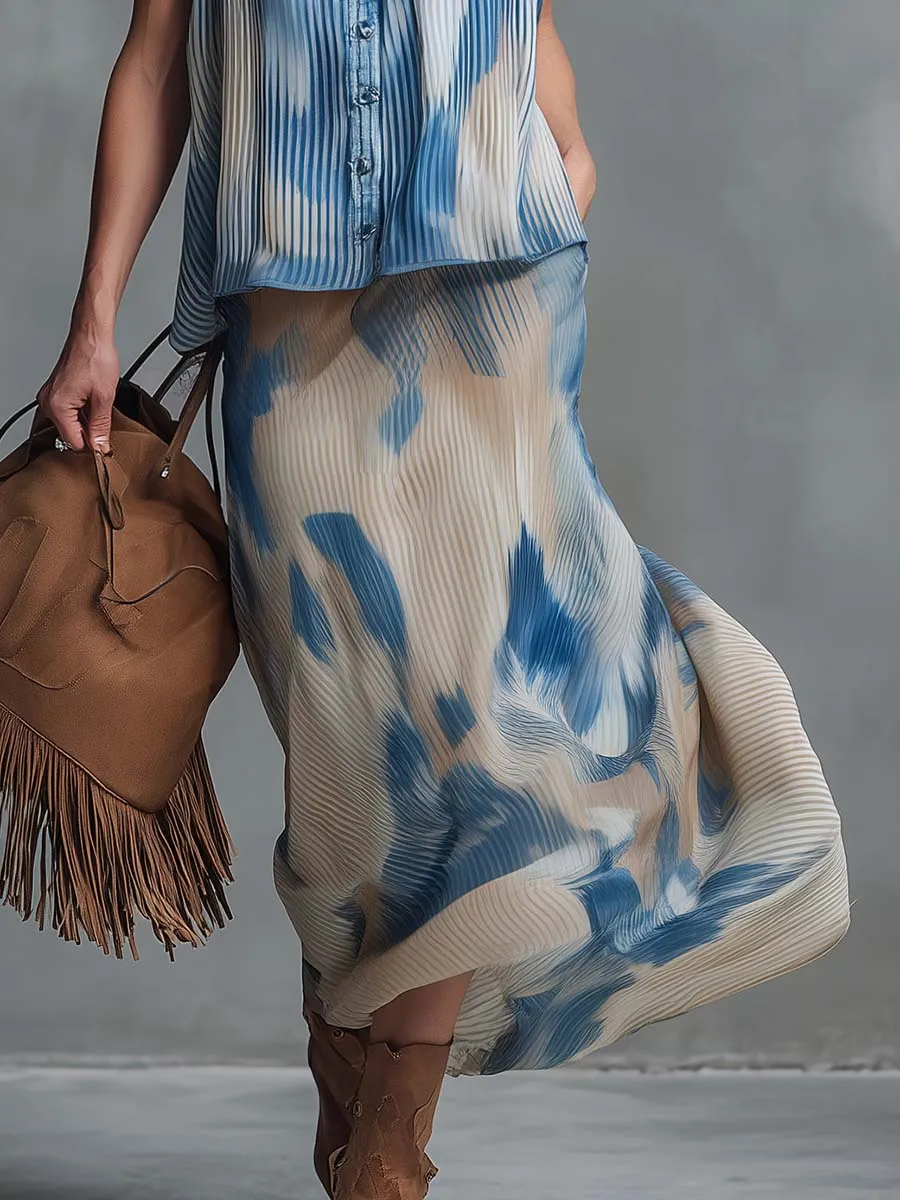 Western Retro-Print Chiffon Crew-Neck Front-Button Top And Skirt Set sold by Oyrosy product image thumbnail 4